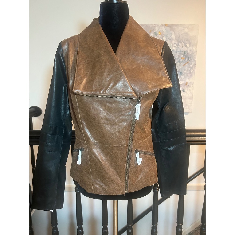 G.I.L.I. Brown Genuine Leather Moto Jacket Black Sleeves Asymmetrical Zip Small